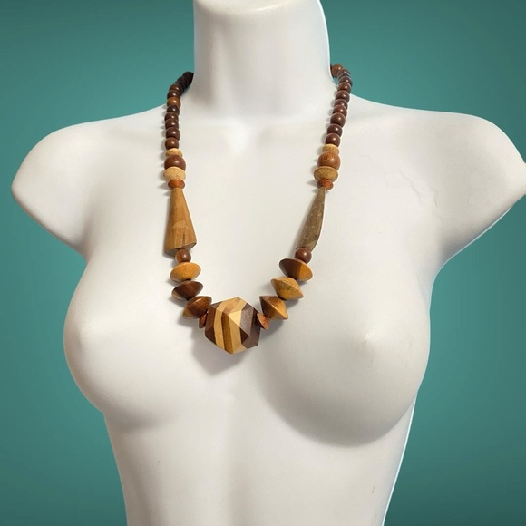 Vintage Chunky Wood Beads Necklace Boho Tribal Style - Picture 7 of 8